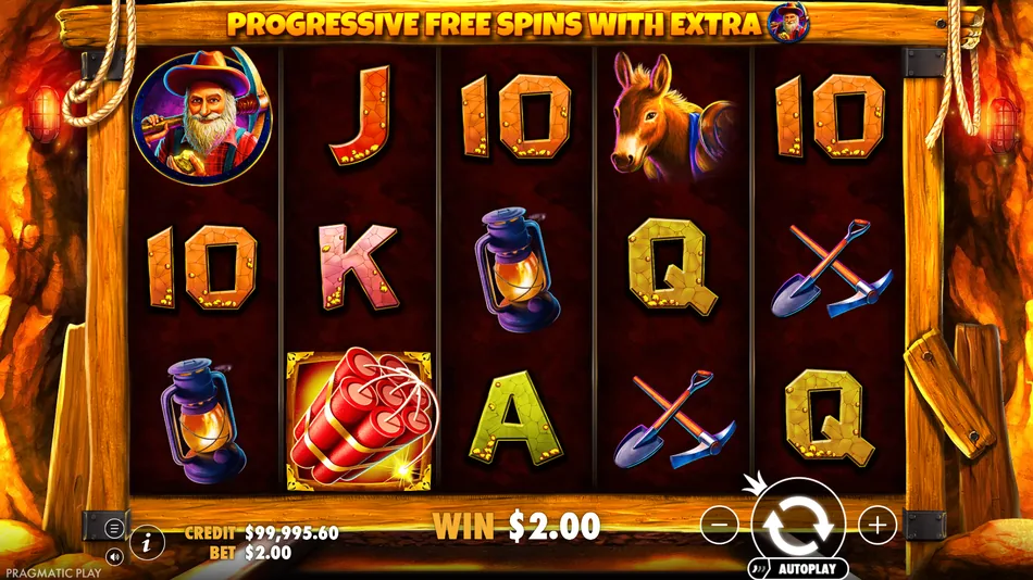 Gold Rush pokie base game 5x3 grid with Dynamite Wild and mining symbols