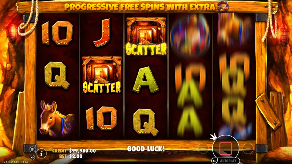 Mine Entrance Scatter landing on reels 2, 3 and 4 to trigger Gold Rush Free Spins